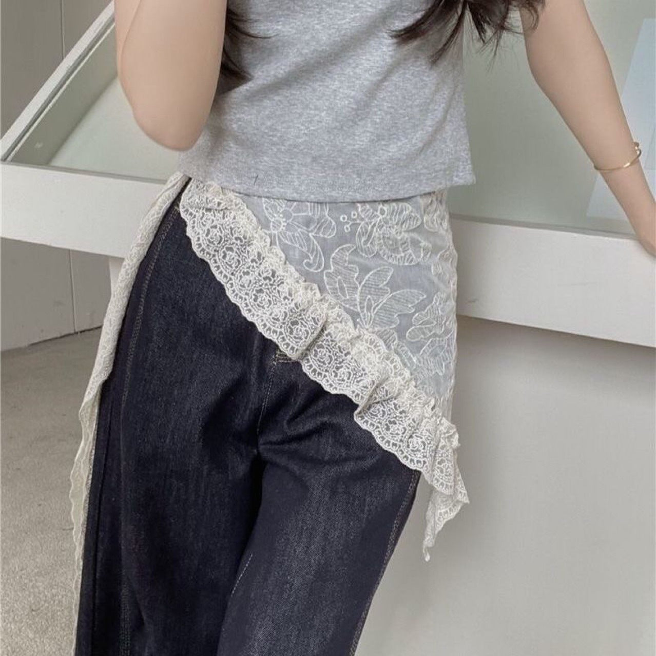 Retro Lace-trimmed Silk Scarfhijab Layered Midi Skirt Butt-flare Skirt