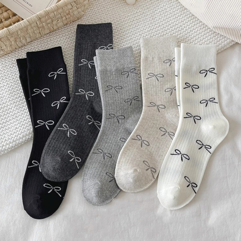 Coquette Bow Print Ribbed Crew Socks, Neutral Tone Minimalist Bow Pattern Mid-Calf Socks, Women's Casual Knit Socks For Daily Wear & Preppy Style