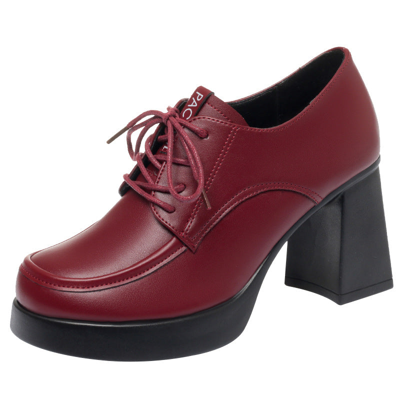 New Spring Autumn Lace-Up Deep-V Shallow-Shoe Soft Leather Chunky Heel Platform Elegant High Heels For Women