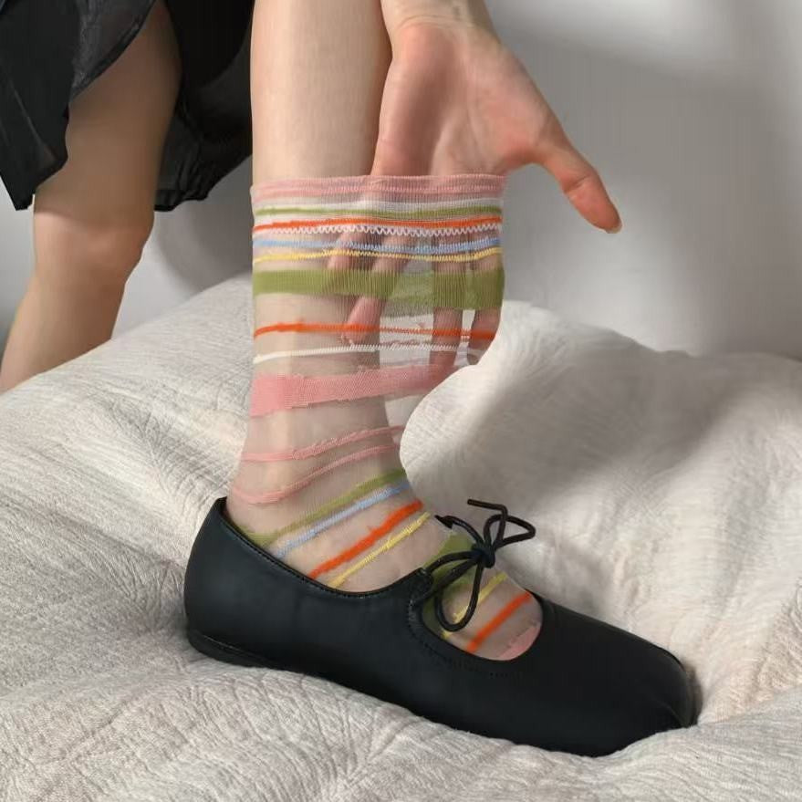 Y2K Sheer Mesh Crew Socks, Colorful Stripe & Floral Print Transparent Socks, Women's Cute Summer Socks For Mary Janes & Flats