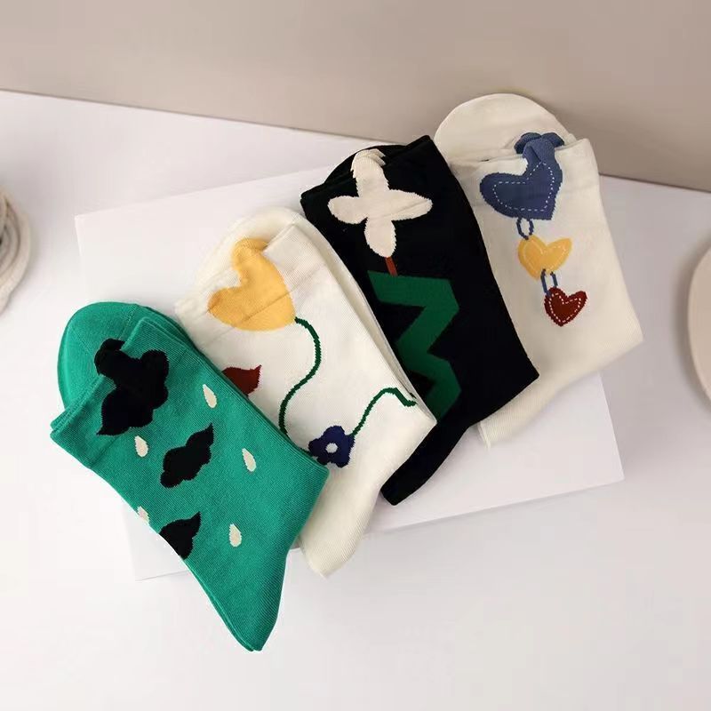 Whimsical Cartoon Print Crew Socks, Colorful Floral & Heart Pattern Knit Socks, Women's Fun Casual Socks For Everyday & Preppy Outfits