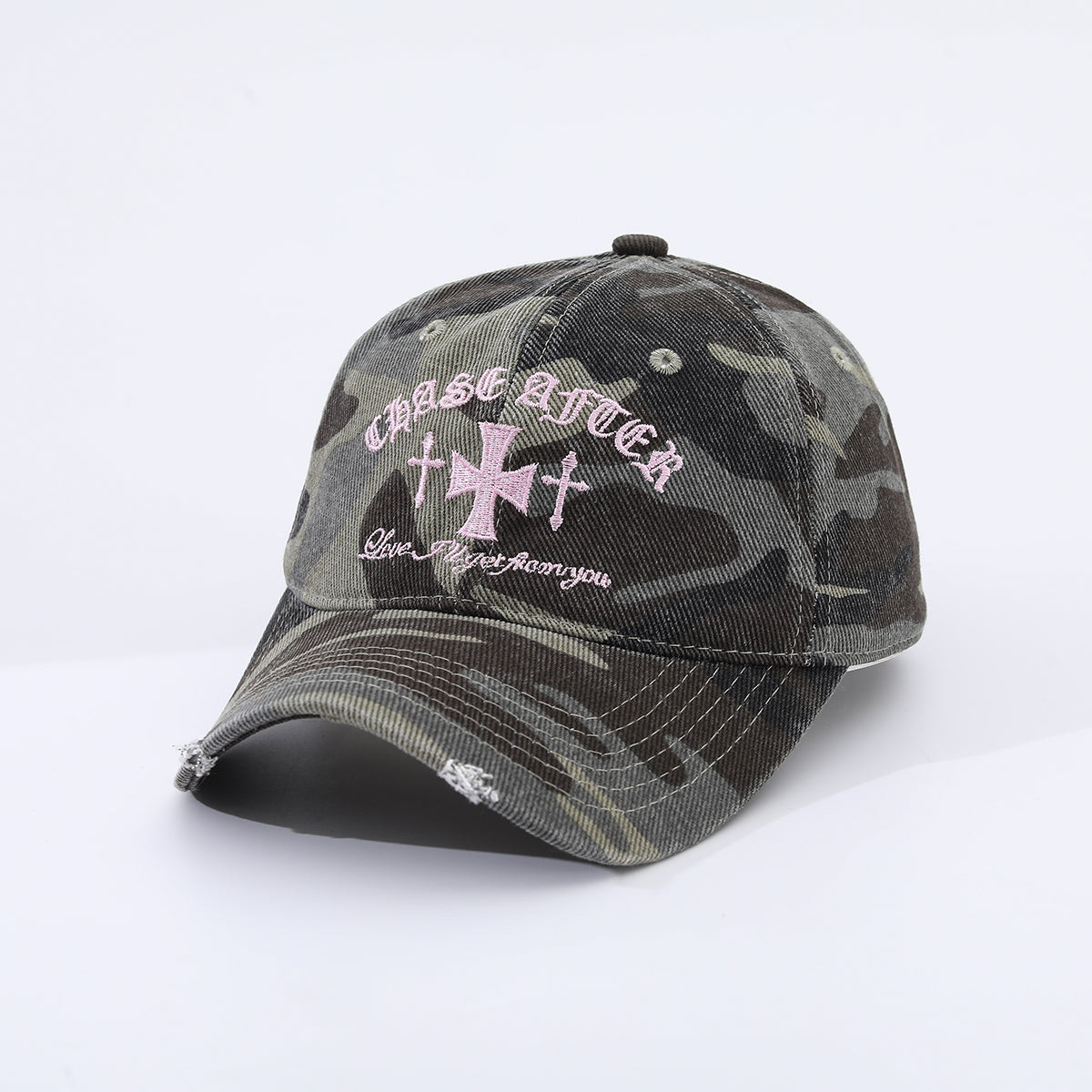 Pink Letter Cross-stitch Embroidered Beveled And Frayed Vintage Trend Baseball Cap Suitable For Street Dates, Shopping And Daily Wear