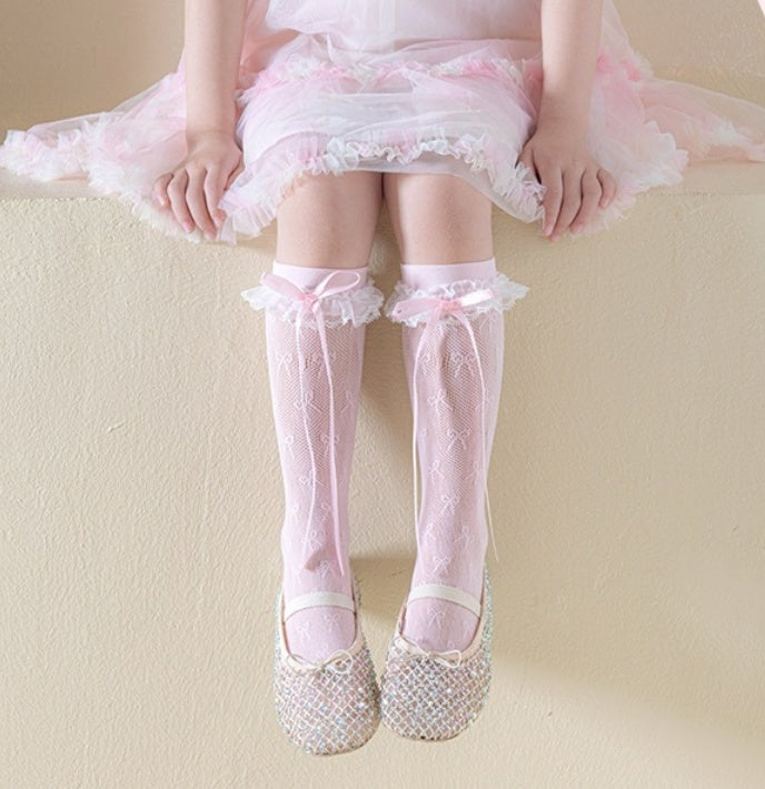 Ballet Style Pile Socks Women's Spring And Summer Thin Lace Bow Korean Girls Calf Stockings