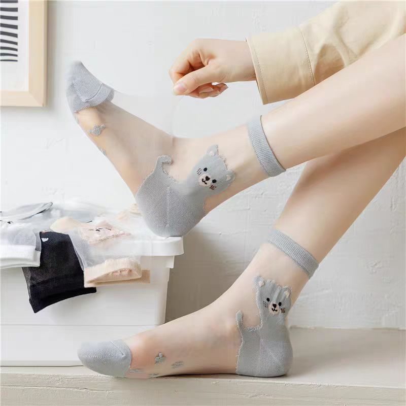 Cute Bear Sheer Mesh Ankle Socks, Transparent Cartoon Bear Print Socks, Thin Breathable Socks For Summer & Daily Wear