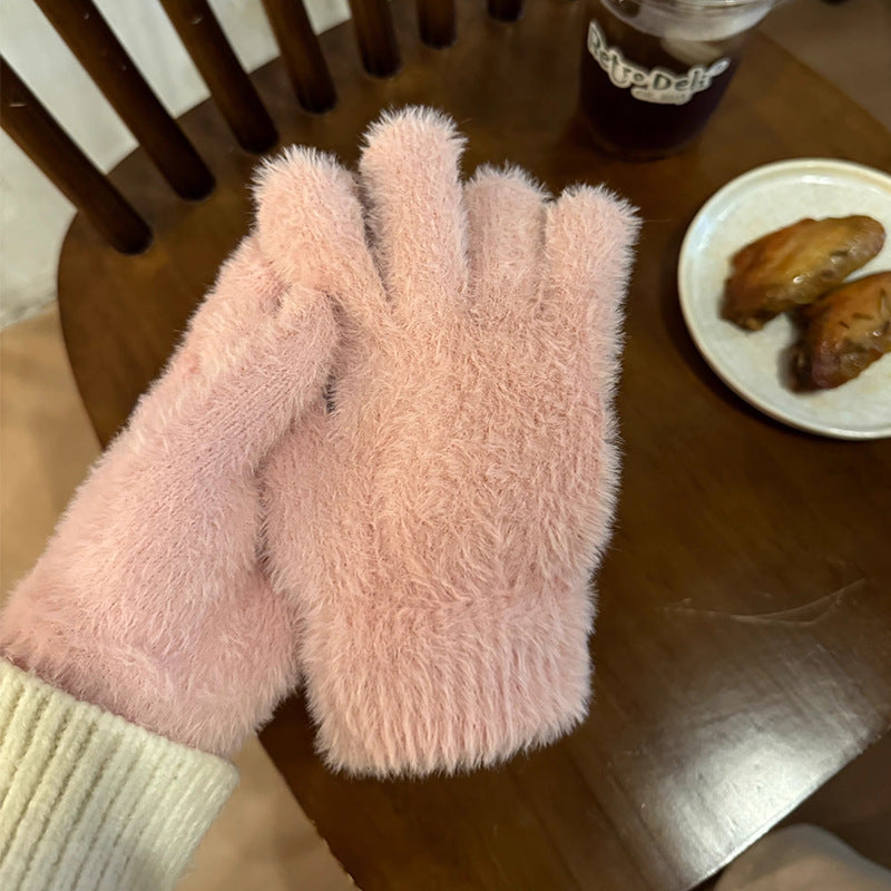 Winter Thickened Simulated Rabbit Fur Gloves Warm Mink Fur Riding Plain Five-finger Outdoor Skiing Cold-proof Gloves