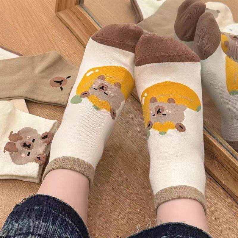 Cute Koala & Duck Print Crew Socks, 3D Cartoon Animal Knit Mid-Calf Socks, Women's Sweet Casual Socks For Daily Wear & Kawaii Style
