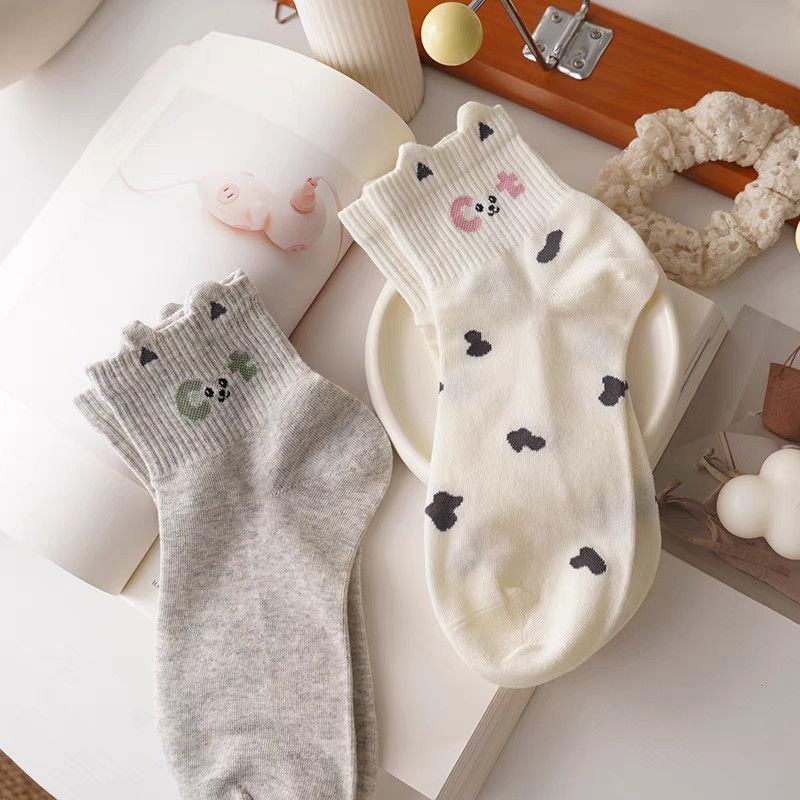 Coquette Heart Print Ankle Socks, Ruffle Cuff Pastel Knit Socks, Women's Cute Casual Socks For Everyday & Sneakers