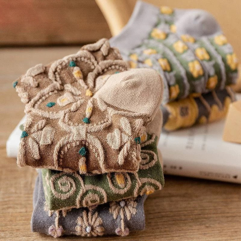 Vintage Floral Embroidery Ankle Socks, Retro Cottagecore Knit Socks With Flower Pattern, Cute Low-Cut Socks For Women