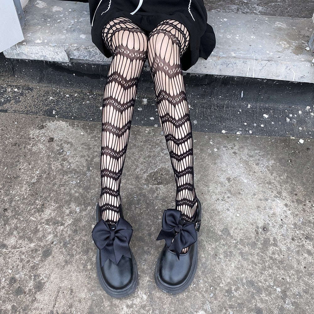 Stocking, Internet Celebrity, Diamond Shaped Lines, Black Silk, Thin Design, Japanese Retro Knee Length Stockings For Women