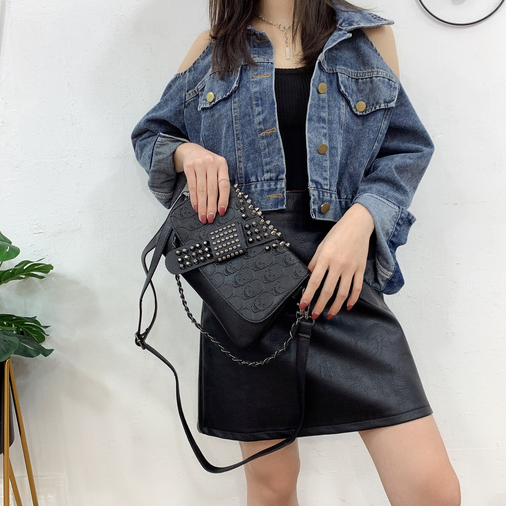 Womens Rivet Embossed Black Skull Shoulder Crossbody Bag