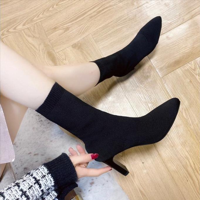 Womens Stretchy Chunky-Heel Square-Toe Suede Skinny Boots