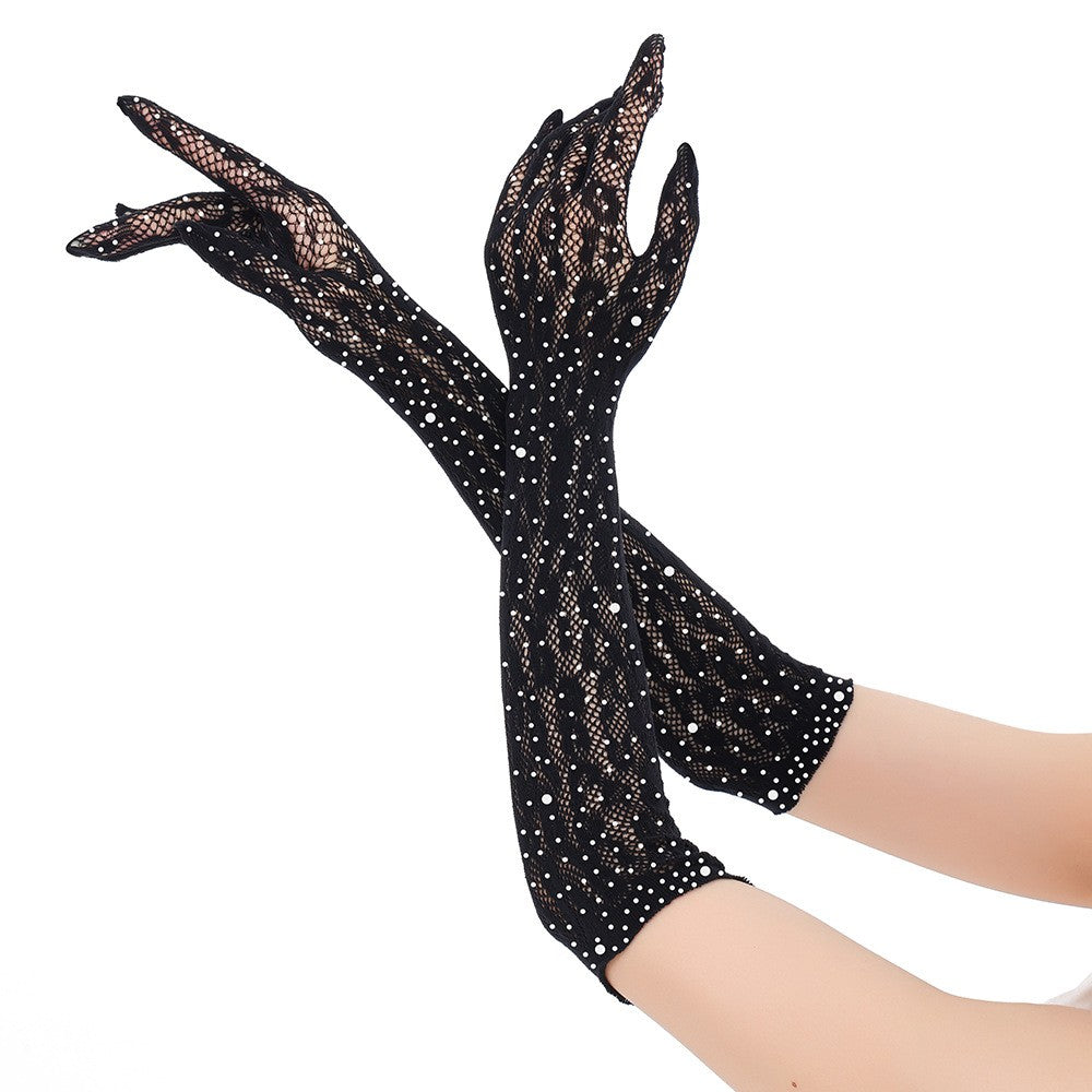 Hot Stamping Sexy Seductive Long Gloves Lace Mesh Five Finger Thin Leopard Print Gloves Dinner Party