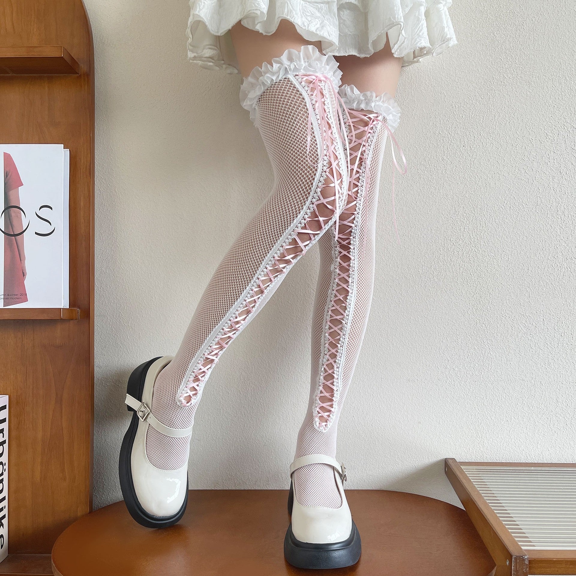 Hollow Lace Strap Ballet Style Fishing Net Lace Sexy Knee High Thigh Socks