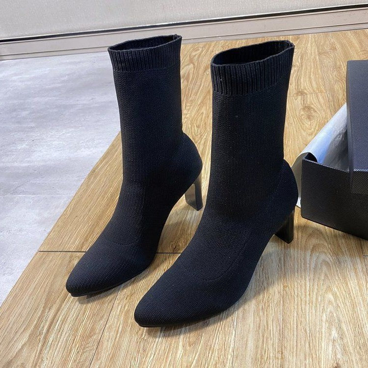 Womens Stretchy Chunky-Heel Square-Toe Suede Skinny Boots