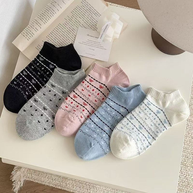 Coquette Bow & Heart Pattern Ankle Socks, Cute Striped Low-Cut Socks, Women's Sweet Casual Socks For Sneakers & Preppy Style
