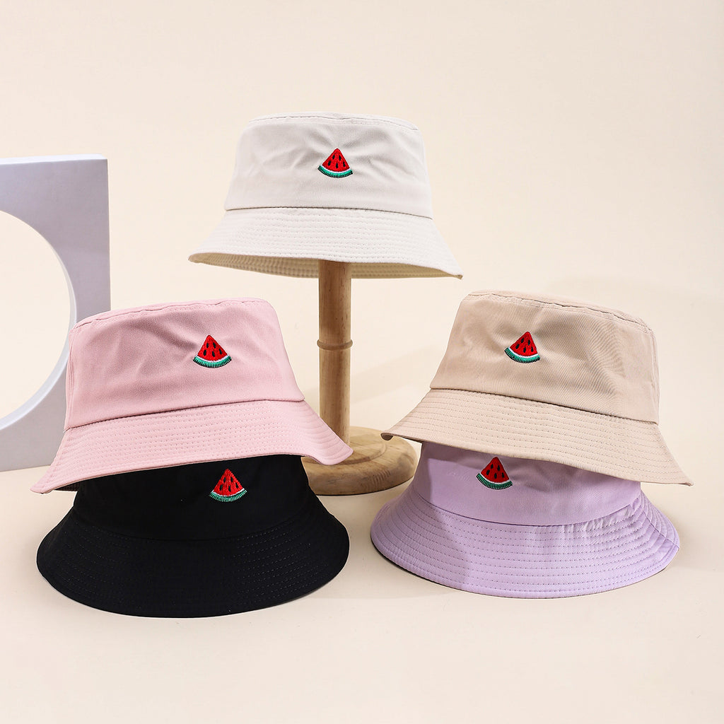 The Lady's Cute Watermelon Embroidery Pattern Fashion Casual Style Fisherman Hat Is Suitable For Outdoor Sun Protection, Outings, Shopping, Mountain Climbing And Hiking.