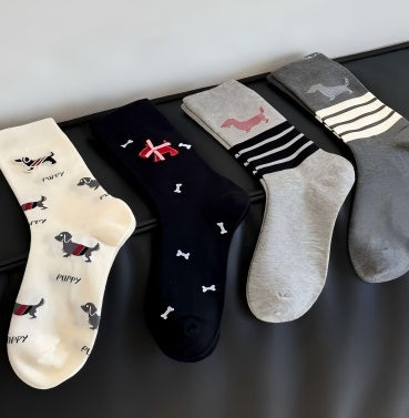 Dachshund Dog Print Crew Socks, Cute Puppy & Bone Pattern Knit Socks, Women's Neutral Tone Casual Socks For Everyday & Sneakers