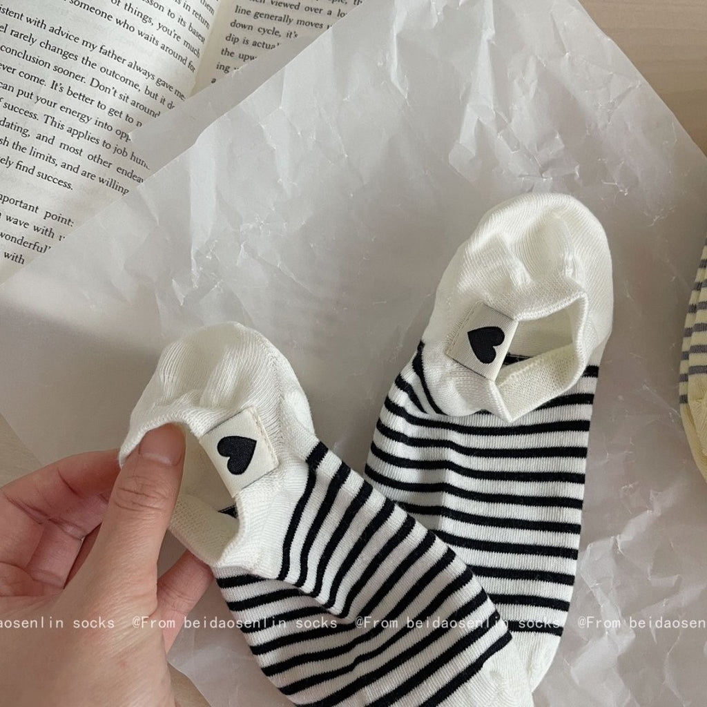 5pairs Spring And Summer New Ship Socks, Striped Socks, Children's Versatile, Large Heel, Women's Short Socks, Low Top, Shallow Mouth
