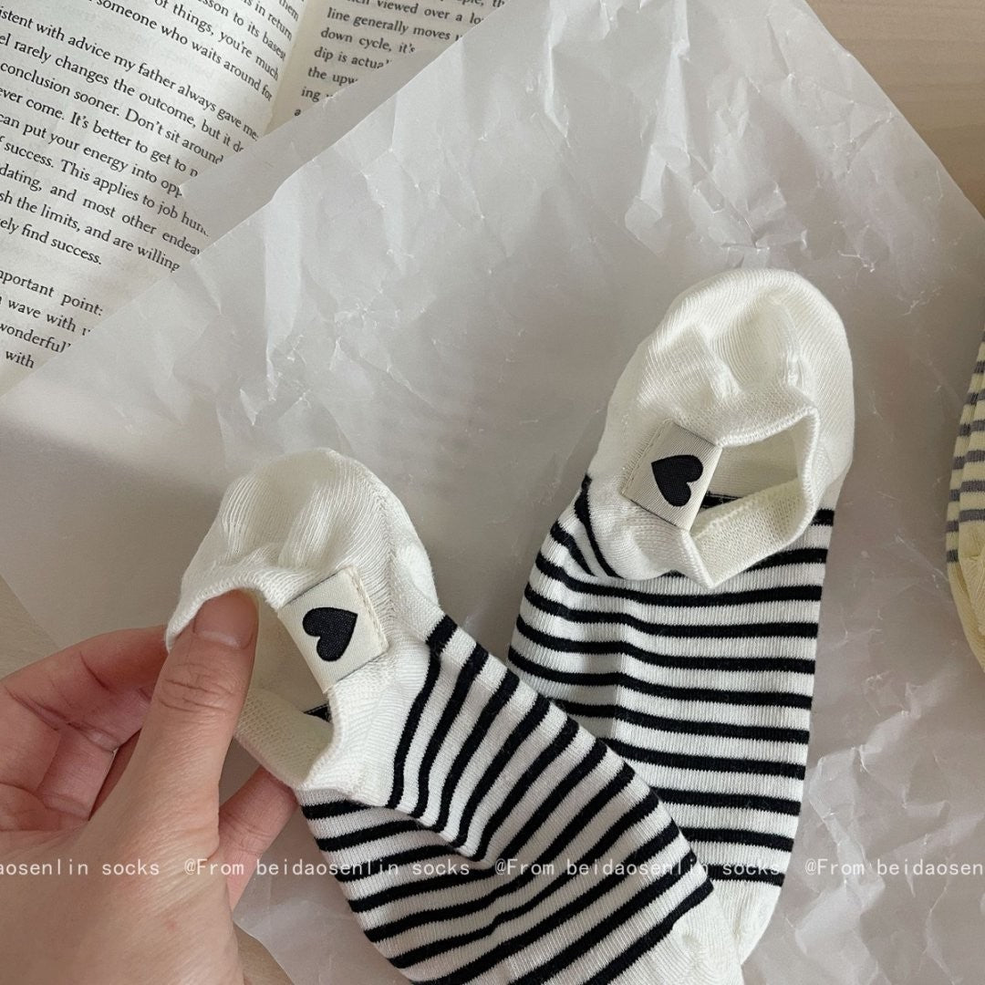 5pairs Spring And Summer New Ship Socks, Striped Socks, Children's Versatile, Large Heel, Women's Short Socks, Low Top, Shallow Mouth