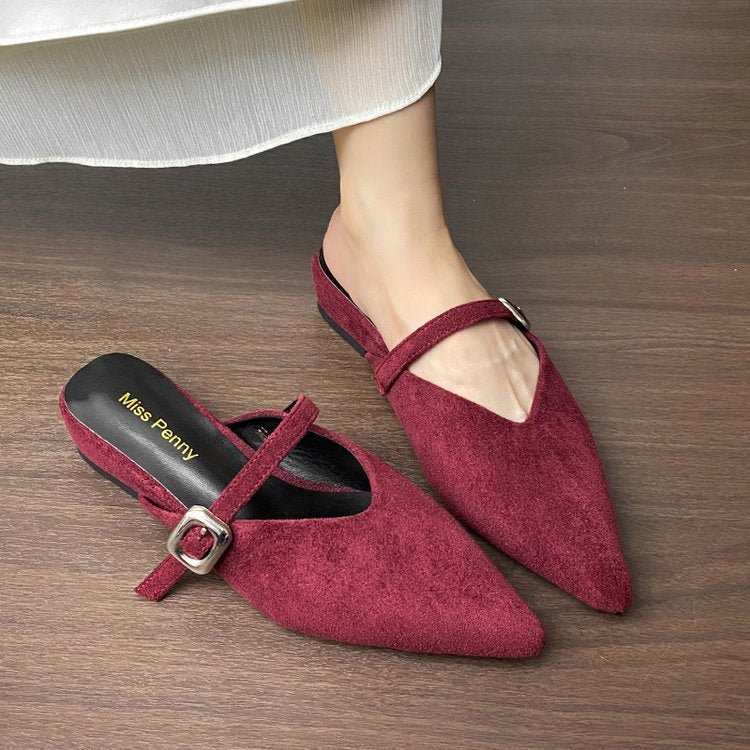 Women's Suede Pointed Toe Buckle Mule Slides