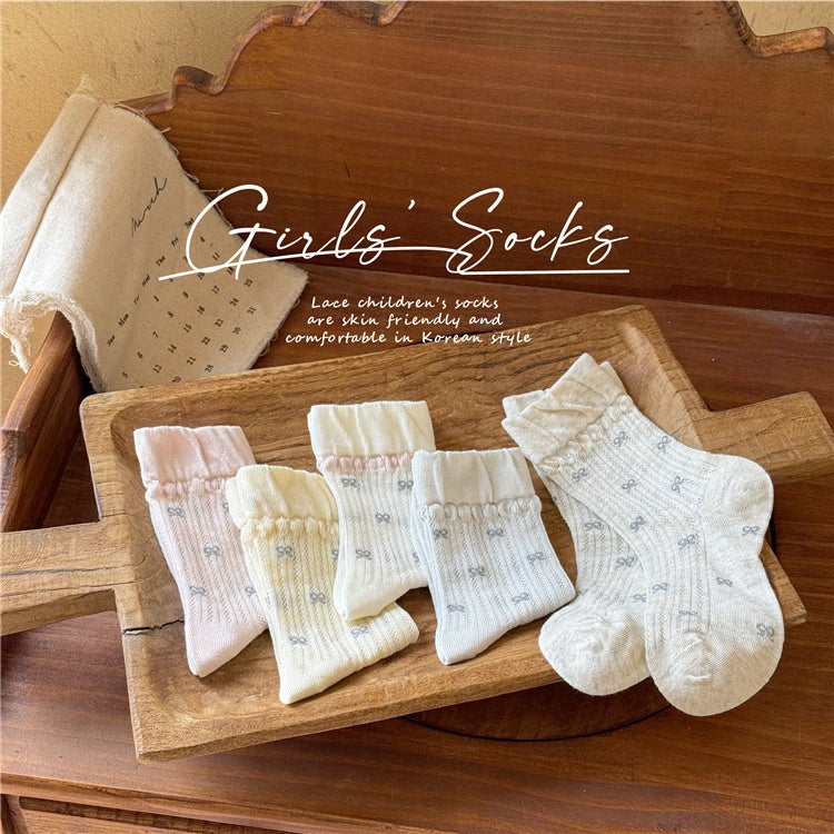 5pairs Summer New Children's Socks With Loose Mouth Lace Bow, Mid Tube Socks, Mesh Princess Socks