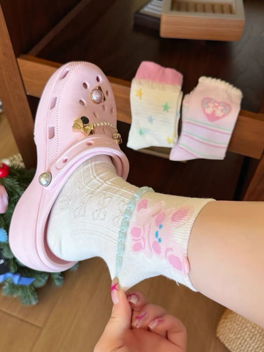 Coquette Cute Animal & Star Print Crew Socks, Ruffle Trim Pastel Knit Socks, Women's Sweet Casual Socks For Crocs & Summer