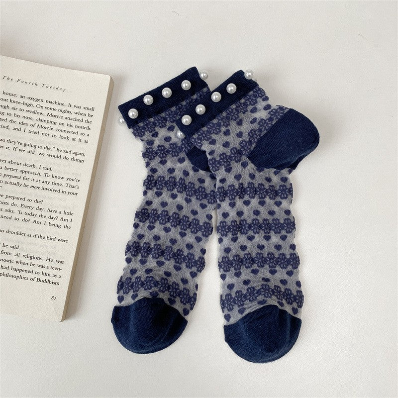 5 Pairs Of New Pearl Card Silk Thin Boat Socks, Small Flower Glass Silk Casual Women's Socks