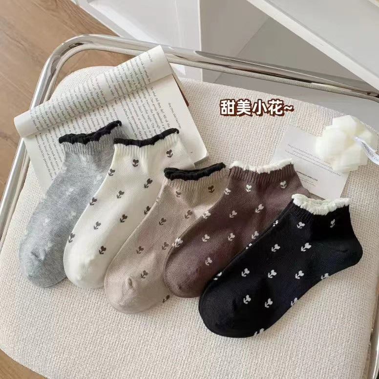 Coquette Cherry Print Ruffle Cuff Ankle Socks, Cute Low-Cut Ribbed Knit Socks, Women's Casual Non-Slip Socks For Daily Wear & Sneakers