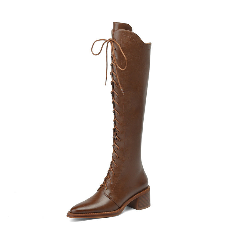 Brown Womens New Pointed-toe High-heeled Mid-calf Leather Boots