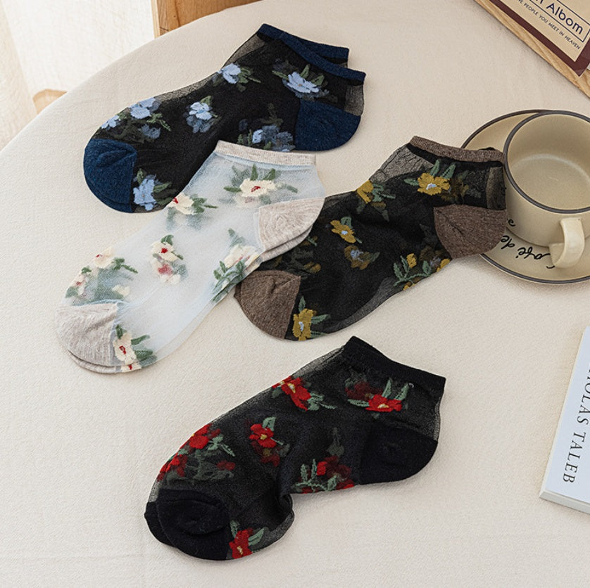 5pairs Spring Summer New Ship Socks Women's Flower Ship Socks Breathable Glass Fiber Ship Socks