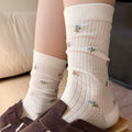 Coquette Floral Mesh Crew Socks, Off-White Sheer Knit Socks With Tiny Flower Print, Women's Breathable Casual Socks For Spring & Summer