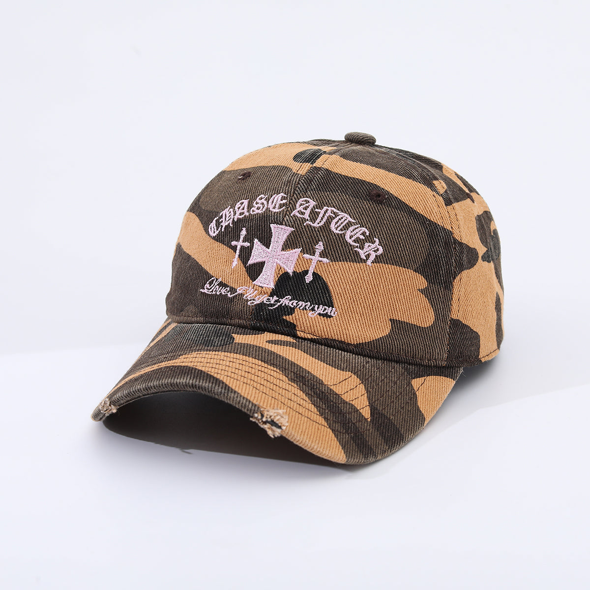 Pink Letter Cross-stitch Embroidered Beveled And Frayed Vintage Trend Baseball Cap Suitable For Street Dates, Shopping And Daily Wear
